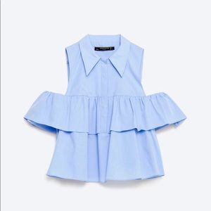 Zara blue ruffle button up off the shoulder top